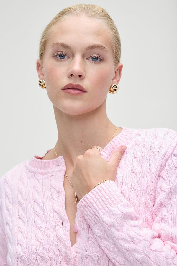 Frankies Bikinis Dudley Cable Knit Cardigan Cozy Pink