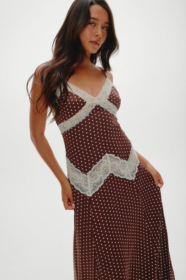Frankies Bikinis Ethereal Lace Maxi Dress Chocolate Dot