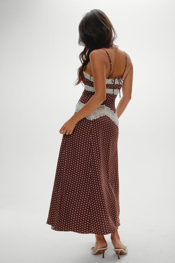 Frankies Bikinis Ethereal Lace Maxi Dress Chocolate Dot