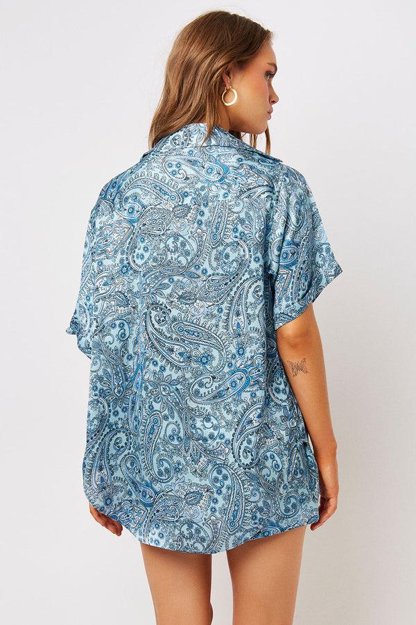 Frankies Bikinis Fifi Silk Button Up Shirt Blue Paisley