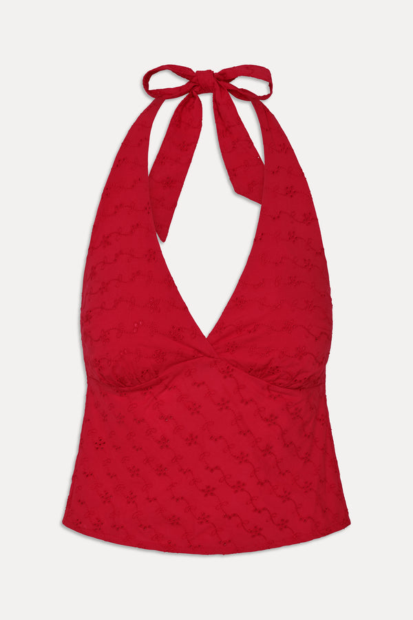 Frankies Bikinis Cora Eyelet Halter Top Red Rose