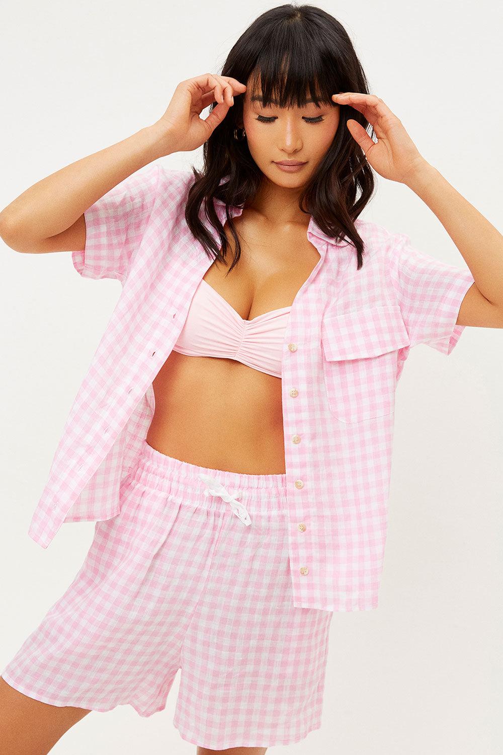 frankies bikinis Lou Button Up Top Pink Picnic
