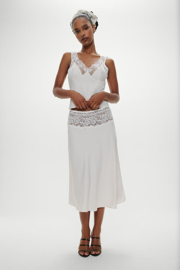 Frankies Bikinis Harper Satin Lace Midi Skirt Heaven