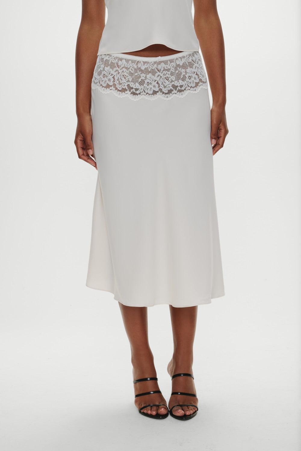 frankies bikinis Harper Satin Lace Midi Skirt Heaven