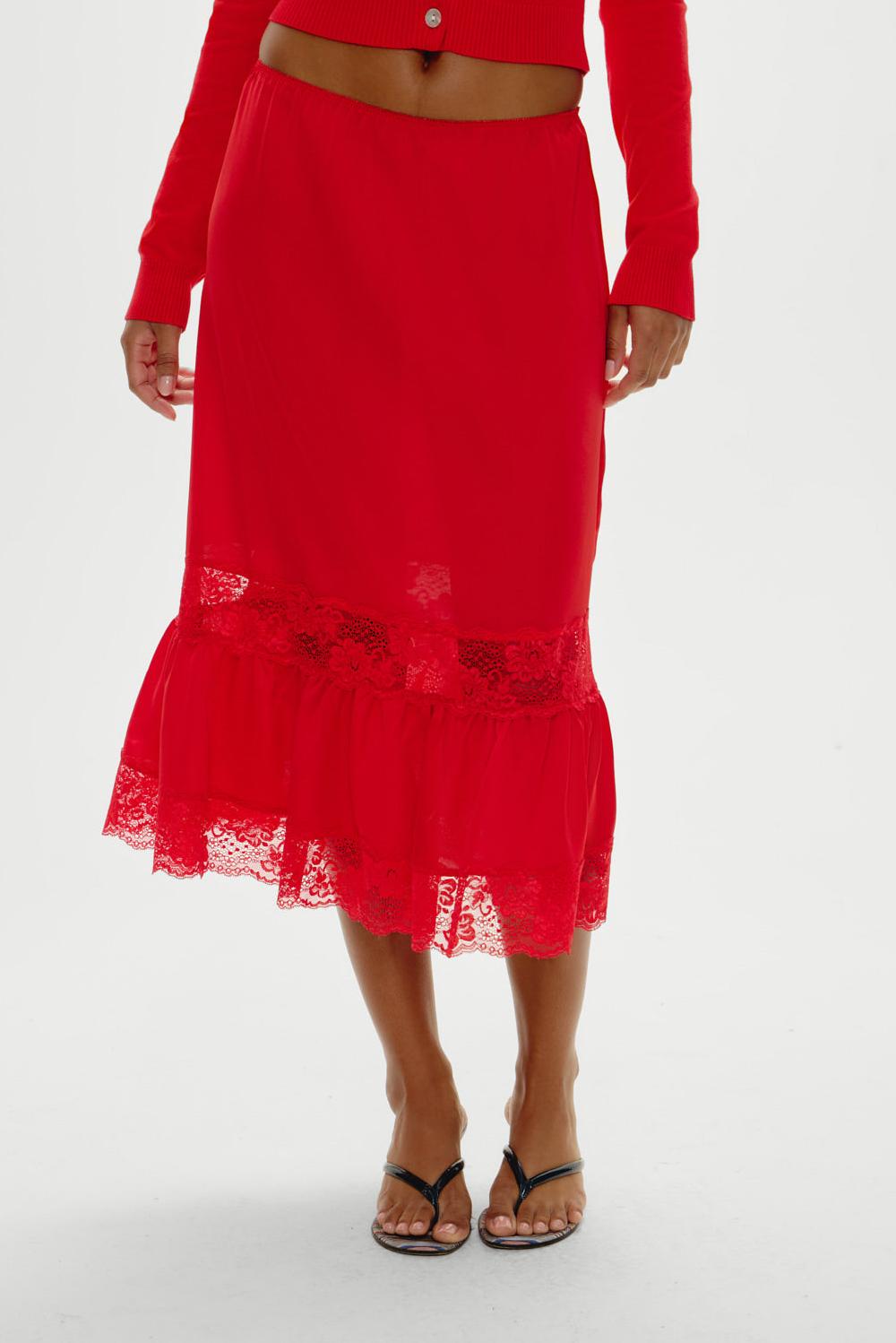 frankies bikinis Hideaway Satin Slip Midi Skirt Cherry