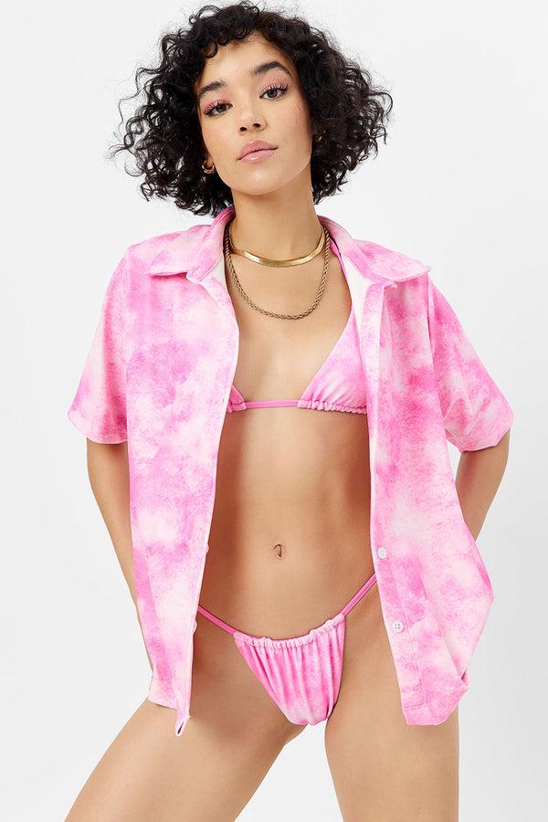 Frankies Bikinis Hunter Terry Button Up Shirt Distorted Pink Dye