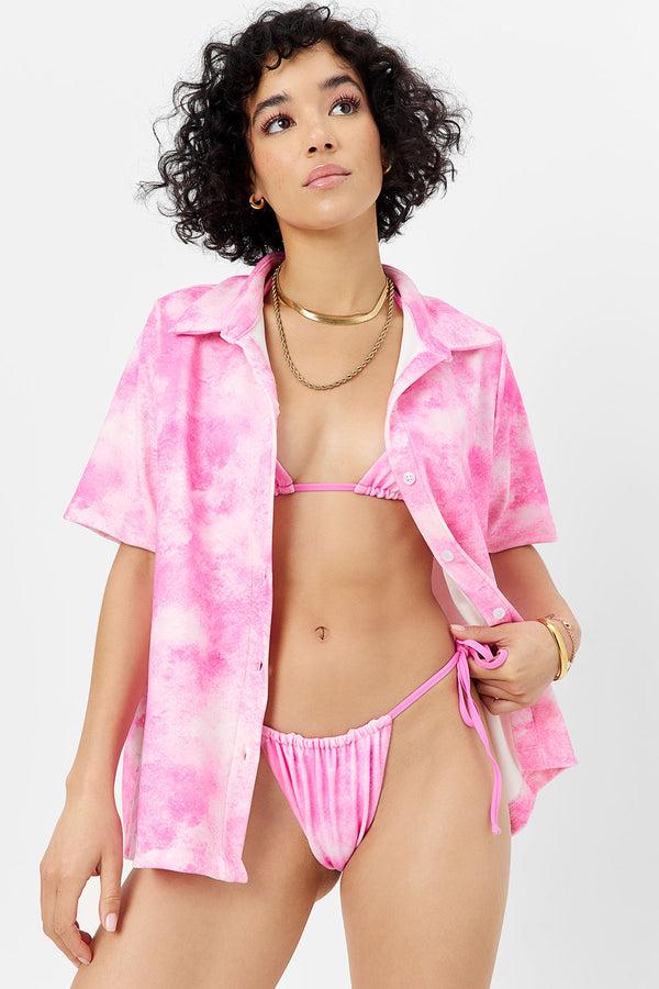 Frankies Bikinis Hunter Terry Button Up Shirt Distorted Pink Dye