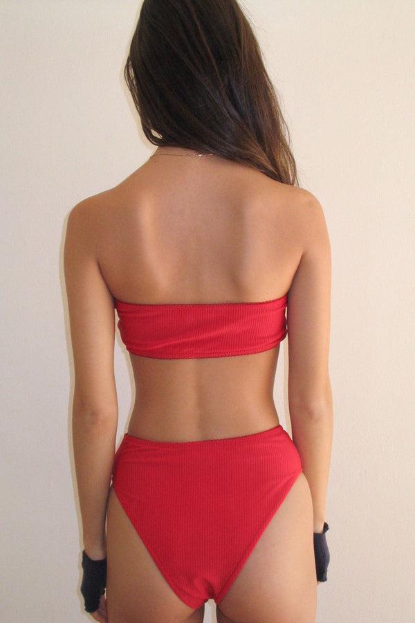 Frankies Bikinis Jenna Ribbed High Waist Bikini Bottom Crimson
