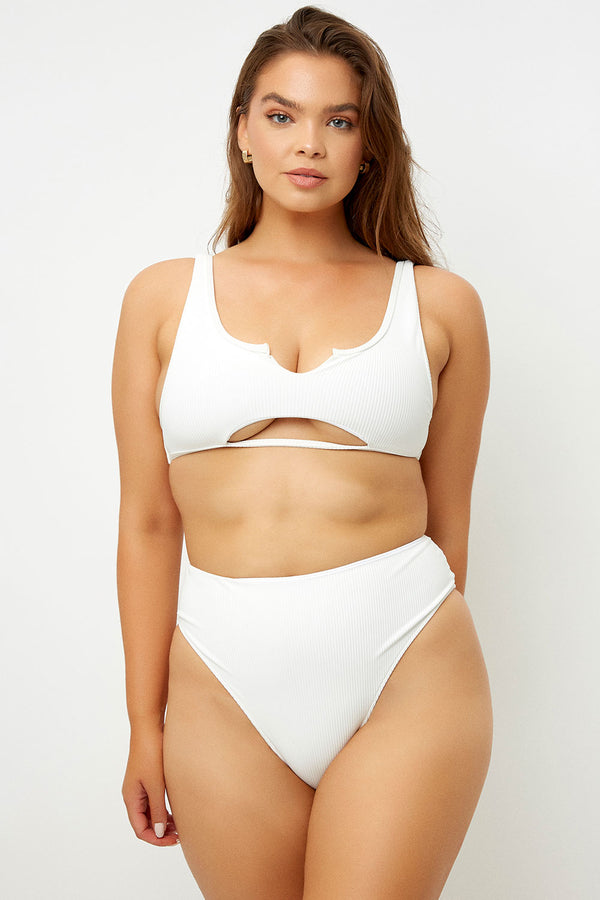 Frankies Bikinis Jenna Ribbed High Waist Bikini Bottom White