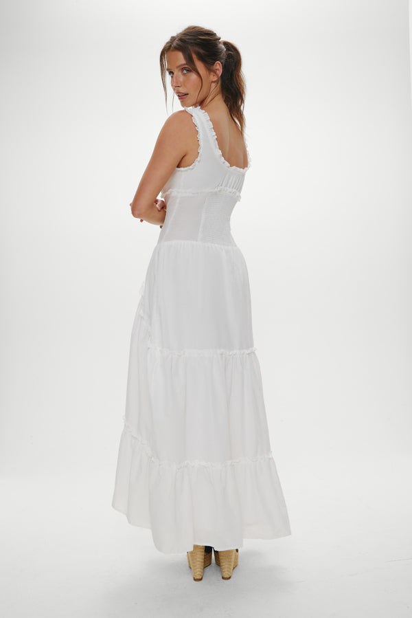 Frankies Bikinis Keepsake Cotton Ruffle Maxi Dress Daisy White