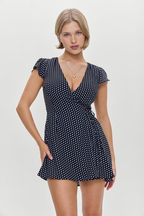 Frankies Bikinis Lucy Wrap Mini Dress Classic Polka Dot