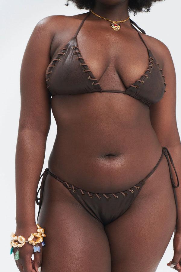 Frankies Bikinis Mackenzie Leather Look String Bikini Bottom Cocoa