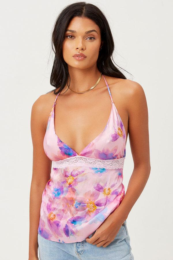 Frankies Bikinis Miriam Silk Halter String Tank Watercolor Floral