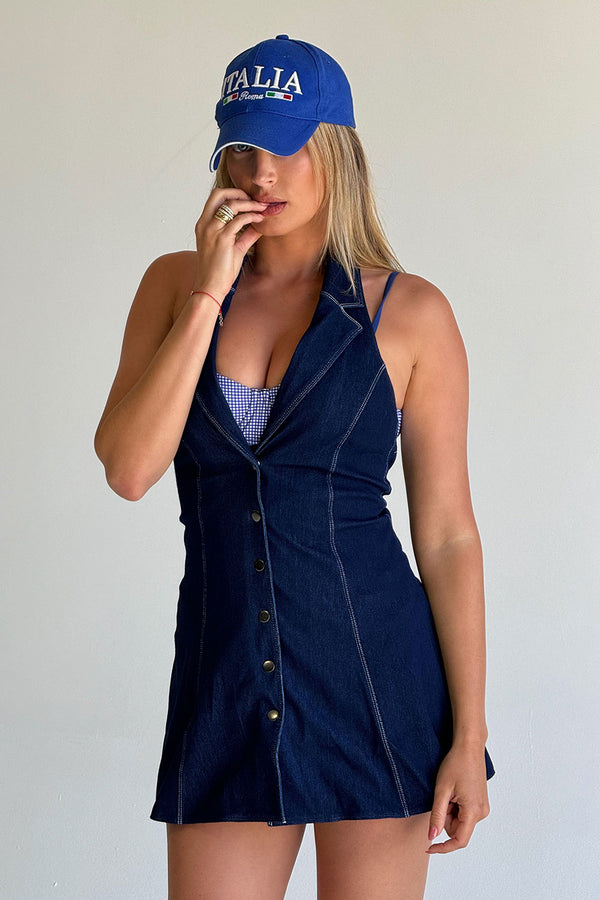 Frankies Bikinis Moonlight Denim Halter Dress Blue Denim