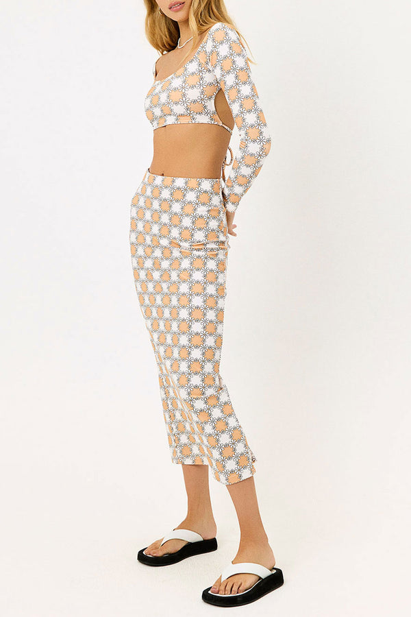 Frankies Bikinis Piper Terry Long Sleeve Crop Top Nude Daisy