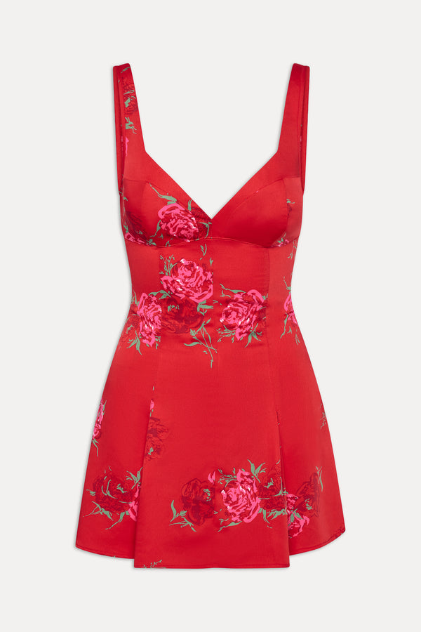 Frankies Bikinis Siren Satin Mini Dress Red Rose Brushstroke
