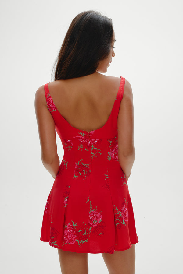 Frankies Bikinis Siren Satin Mini Dress Red Rose Brushstroke