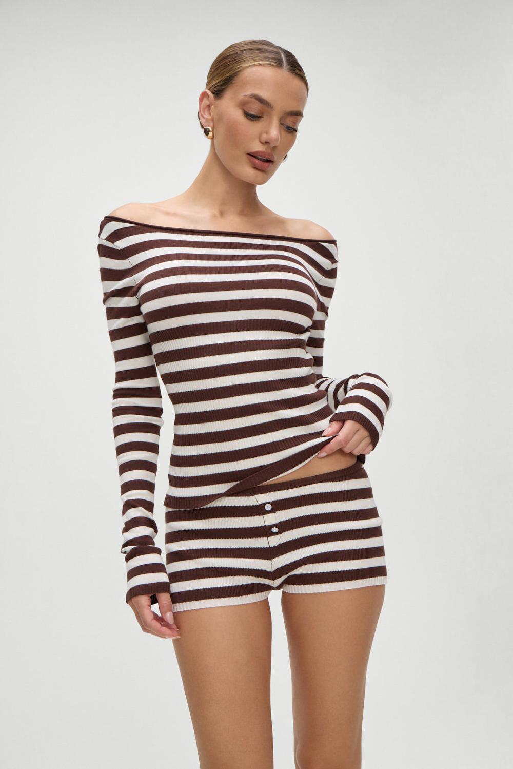 frankies bikinis Theo Striped Knit Sweater Brown Sugar Stripe