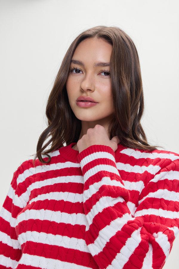 Frankies Bikinis Varsity Cable Knit Sweater Heartstrings Stripe