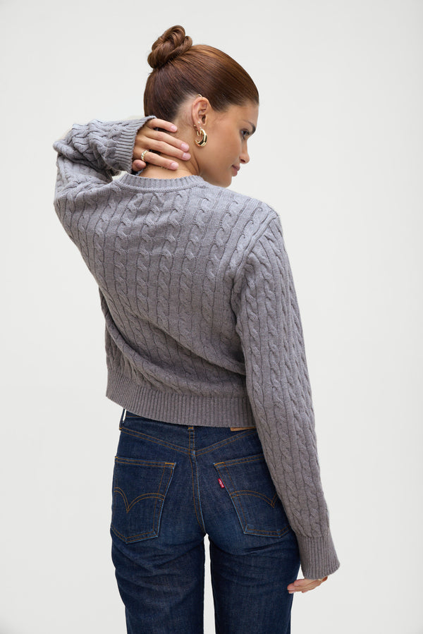 Frankies Bikinis Varsity Cable Knit Sweater Rain Cloud