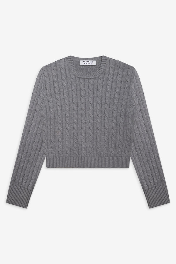 Frankies Bikinis Varsity Cable Knit Sweater Rain Cloud