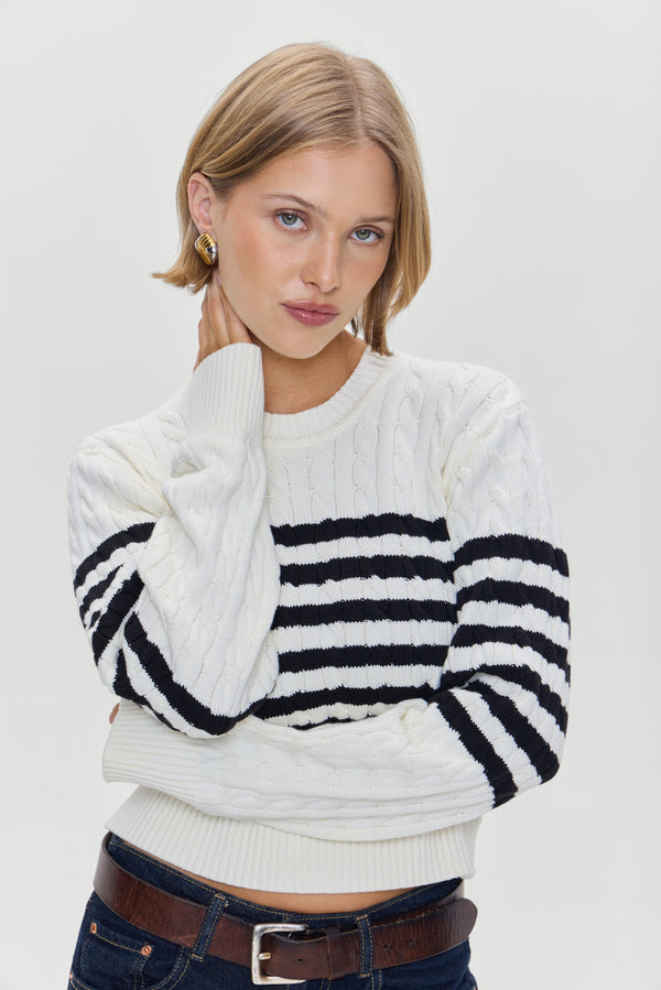 Frankies Bikinis Varsity Striped Cable Knit Sweater Ivory