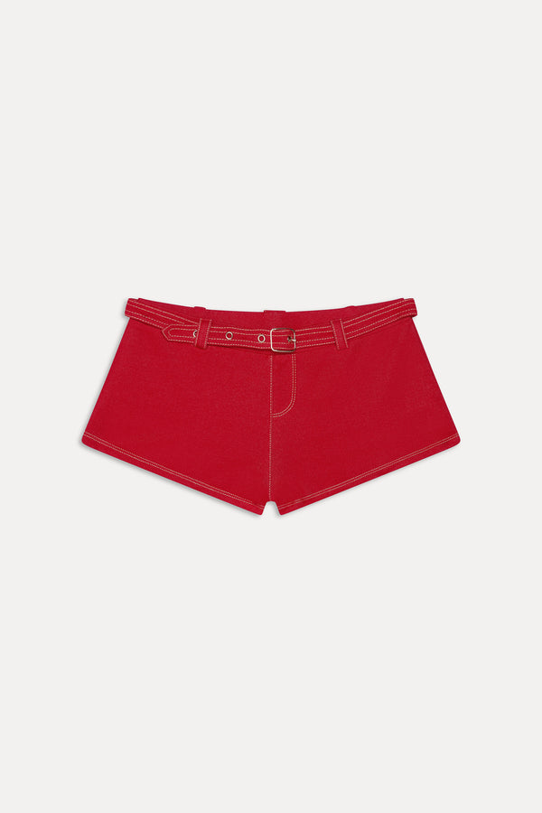 Frankies Bikinis Wrangler Denim Booty Shorts Red Denim
