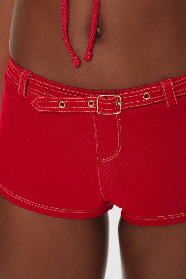 Frankies Bikinis Wrangler Denim Booty Shorts Red Denim