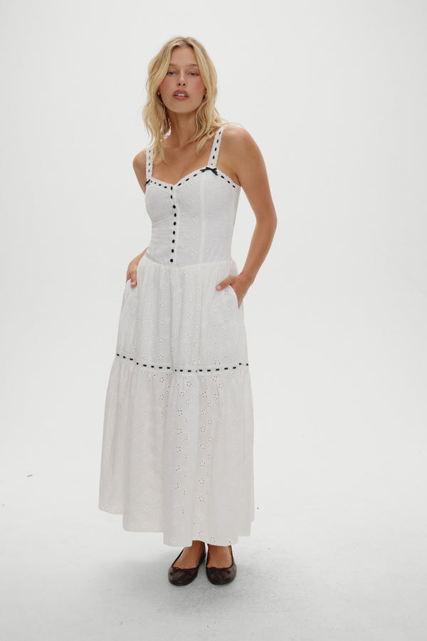 Frankies Bikinis X BELLA HADID Bishop Eyelet Maxi Dress Salt Air Eyelet