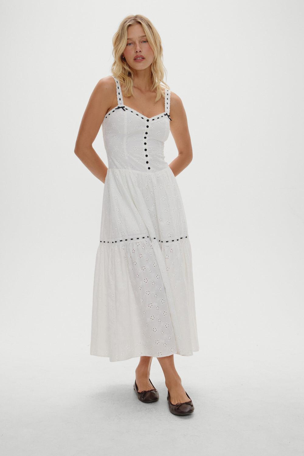 frankies bikinis x BELLA HADID Bishop Eyelet Maxi Dress Salt Air Eyelet