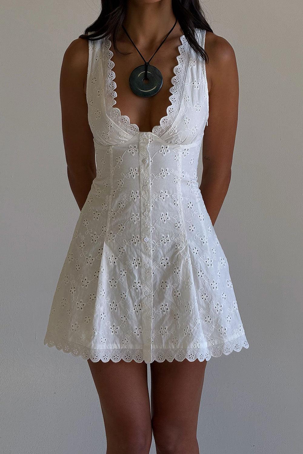 frankies bikinis x BELLA HADID Farm Eyelet Mini Dress Salt Air Eyelet