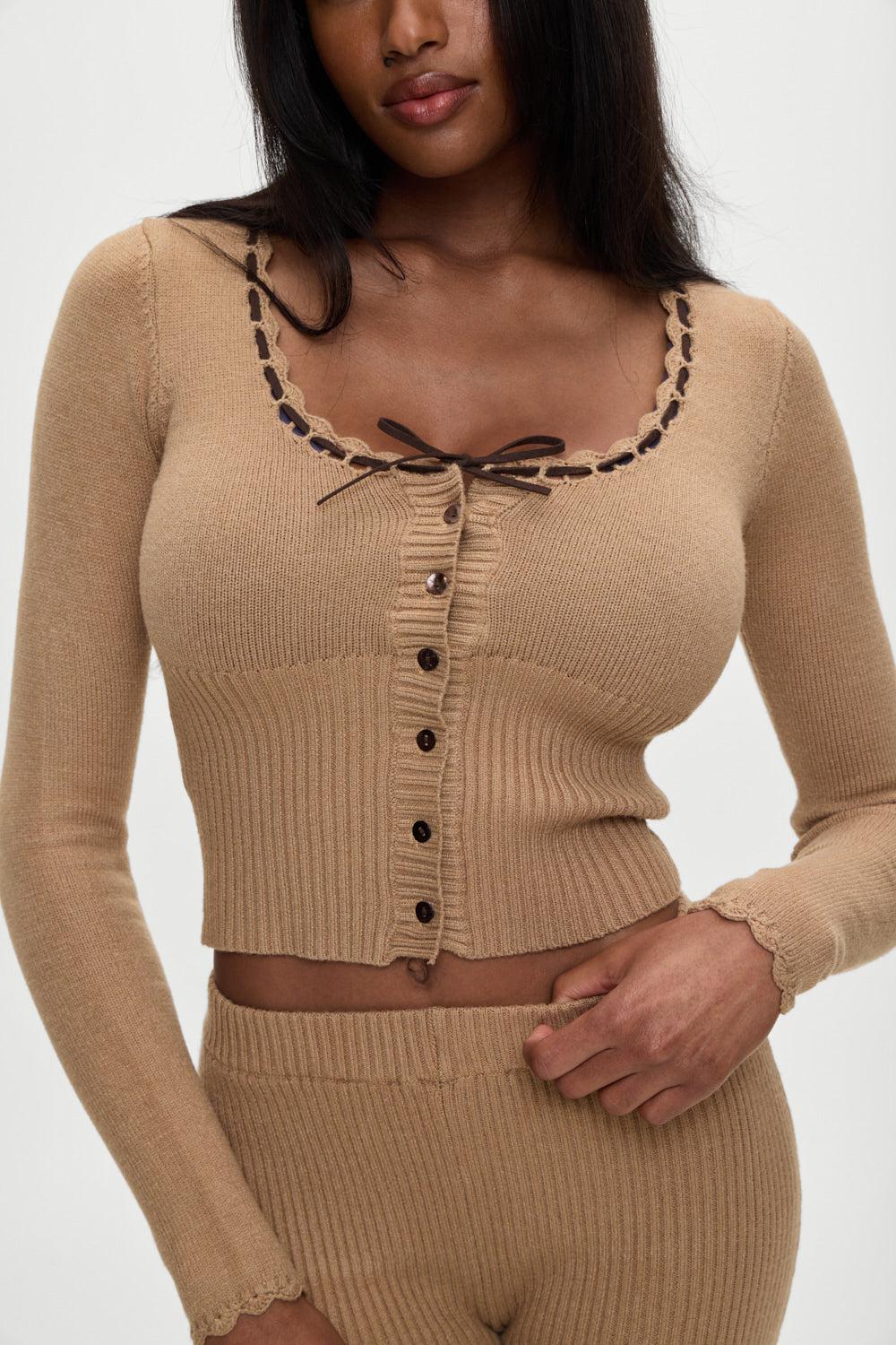 frankies bikinis x BELLA HADID Texas Knit Cardigan Caramel