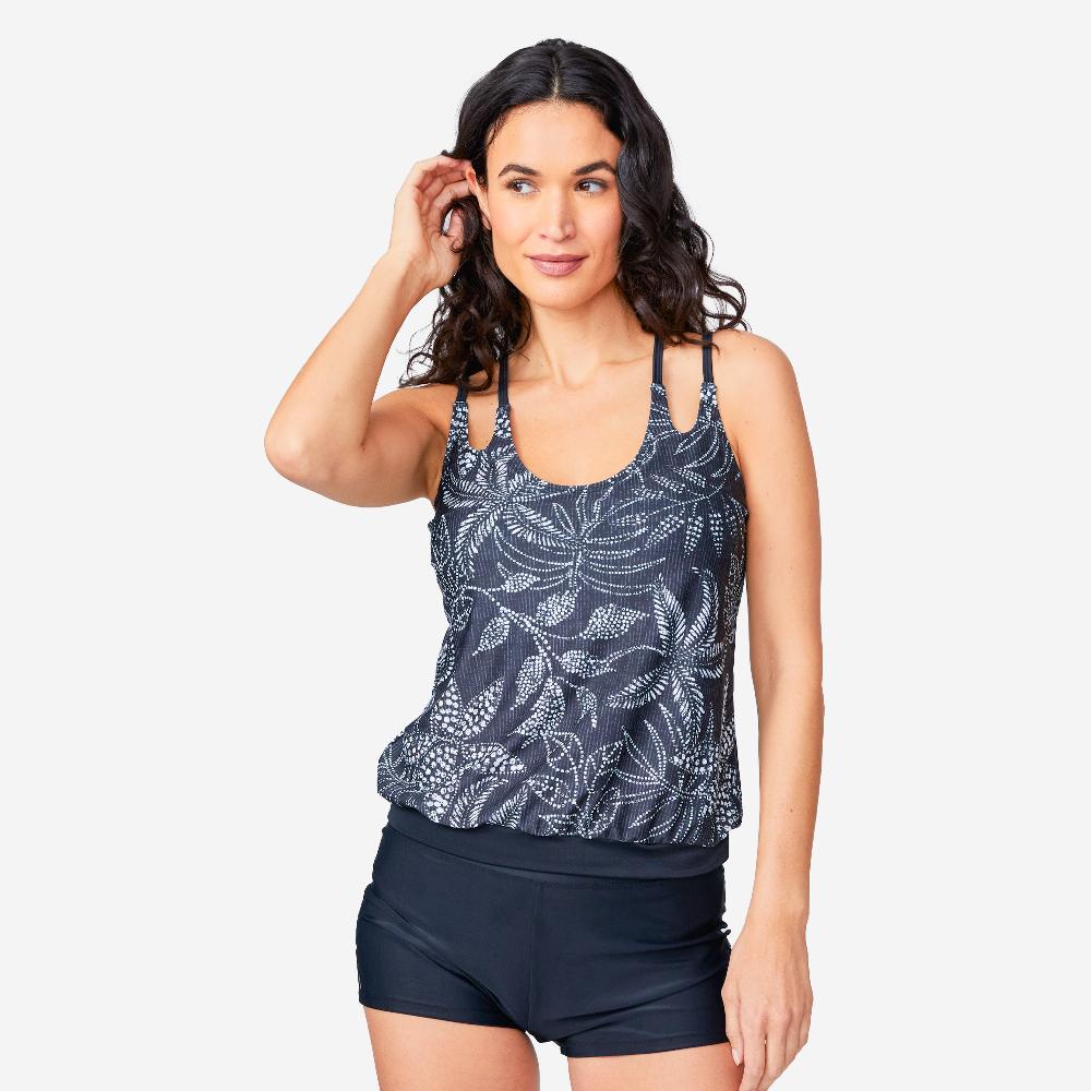 free country Women's Batik Bloom Double Strap Cut Out Blouson Tankini Top Black Batik Bloom