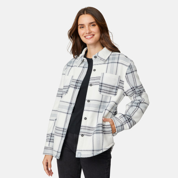 Free Country Women's Chill Out Fleece Shirt Jacket Black Heather Plaid