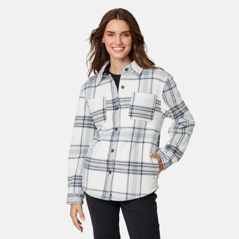 free country Women's Chill Out Fleece Shirt Jacket Black Heather Plaid