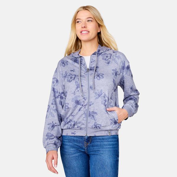 Free Country Women's Cloud Knit Zip Hoodie Medium Grey Blooms