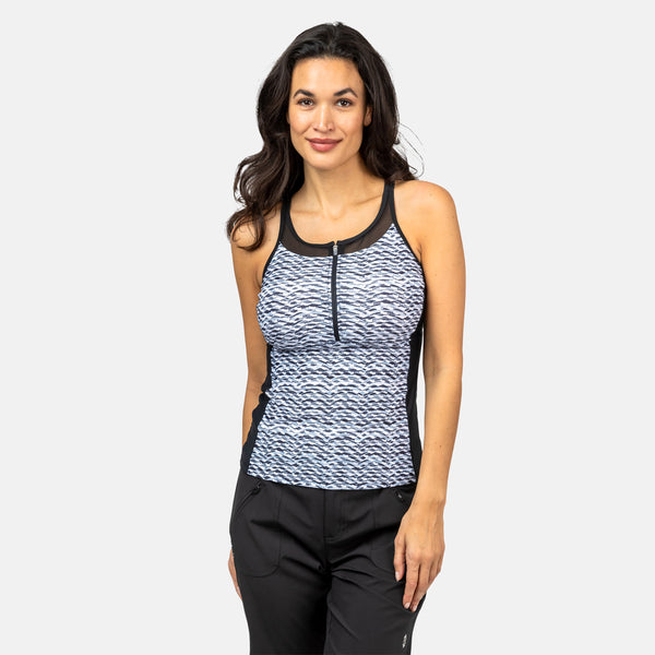 Free Country Women's Crochet Wave Mesh Zip-Up Tankini Top Black Crochet Wave