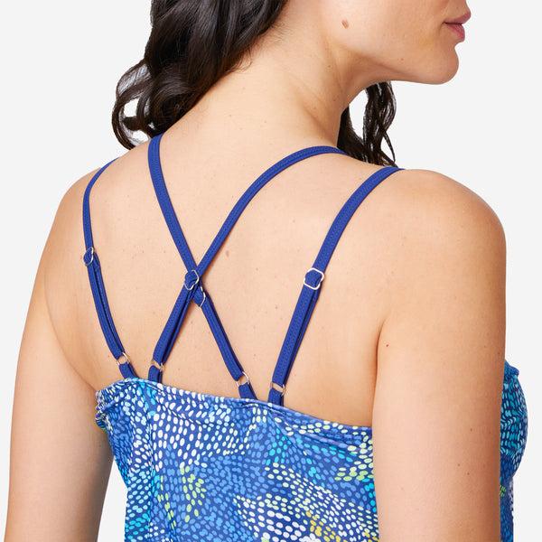 Free Country Women's Fresco Double Strap Cut Out Blouson Tankini Top Marine Fresco