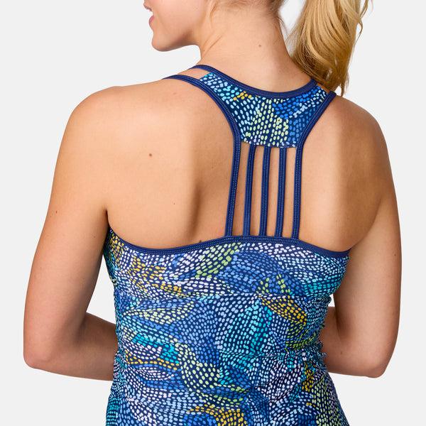 Free Country Women's Fresco Lace-Up Racerback Tankini Top Marine Fresco