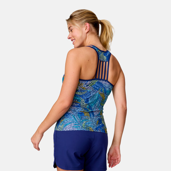 Free Country Women's Fresco Lace-Up Racerback Tankini Top Marine Fresco