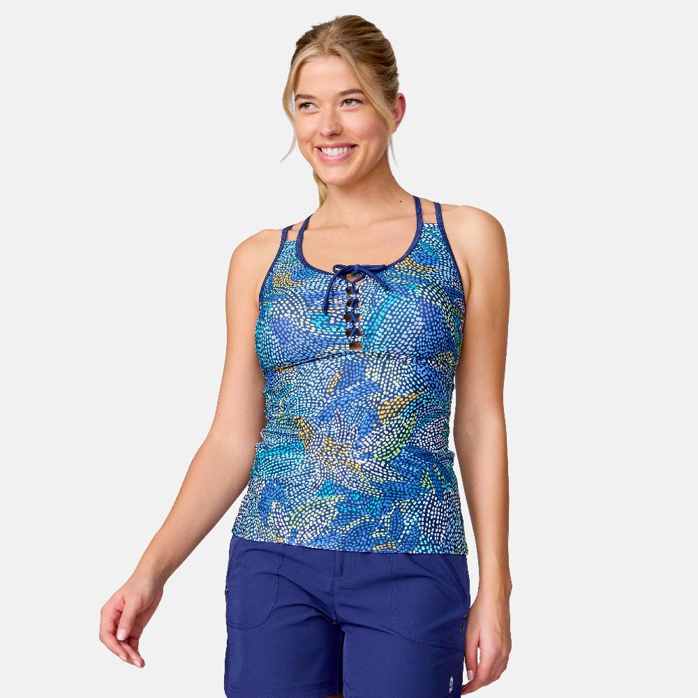 free country Women's Fresco Lace-Up Racerback Tankini Top Marine Fresco