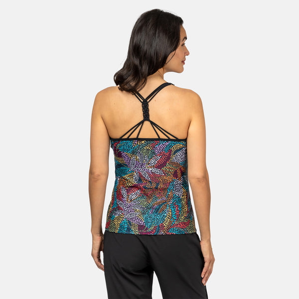 Free Country Women's Fresco Macrame Back Tankini Top Black Fresco