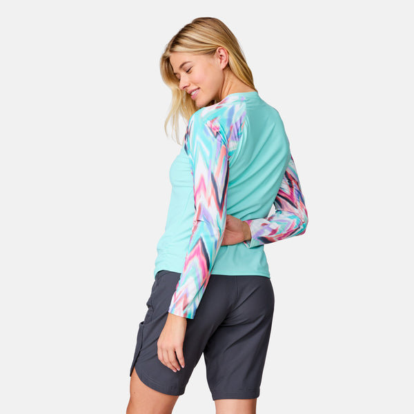 Free Country Women's Long Sleeve Swim Shirt With Built-in Bra Aruba Oasis Chevron