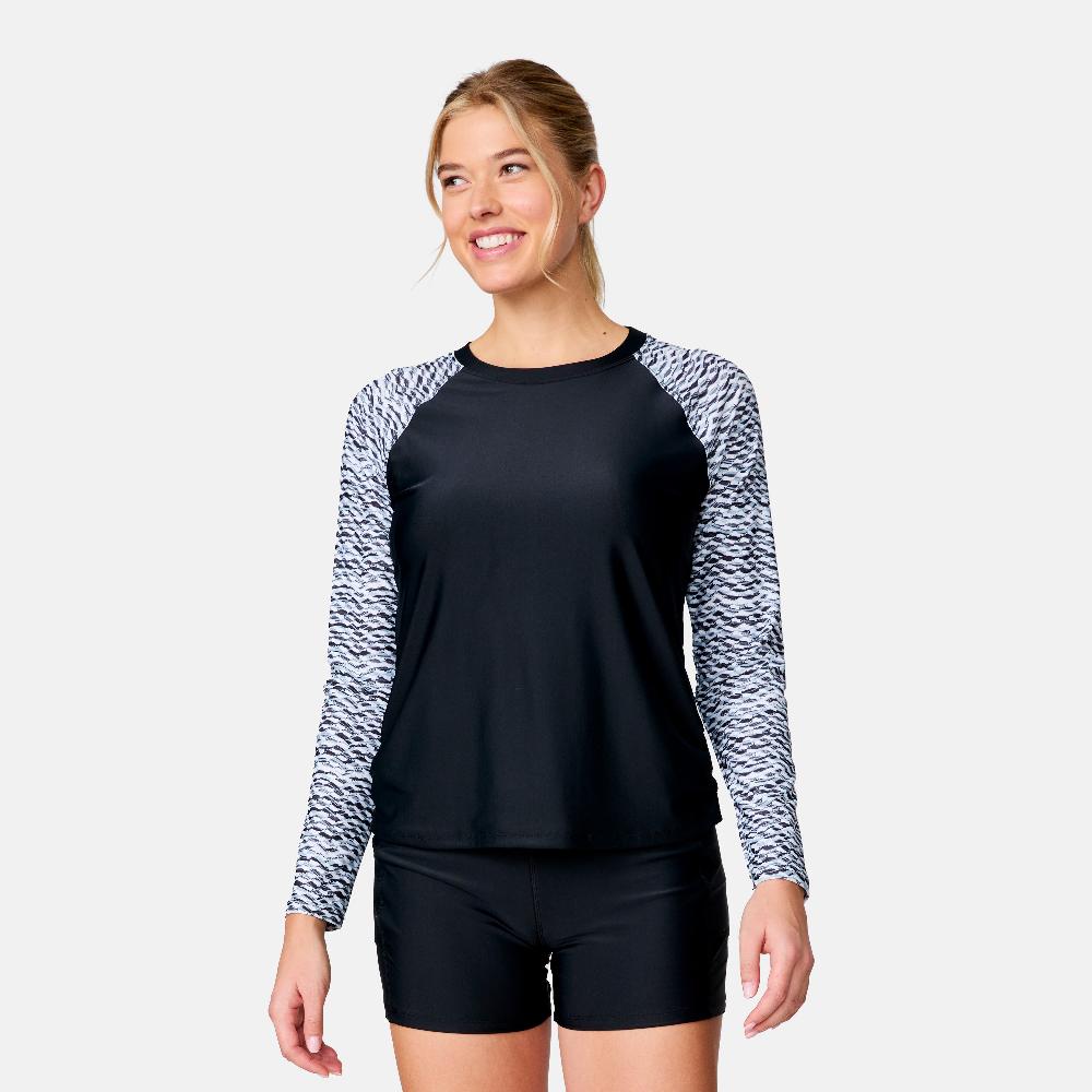 free country Women's Long Sleeve Swim Shirt with Built-in Bra Black Crochet Wave