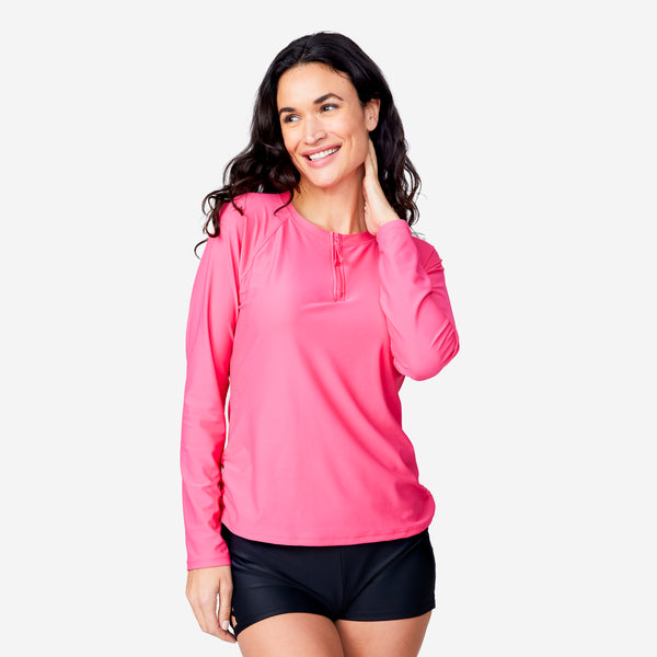 Free Country Women's Long Sleeve Zip Swim Shirt With Built-in Bra Coral
