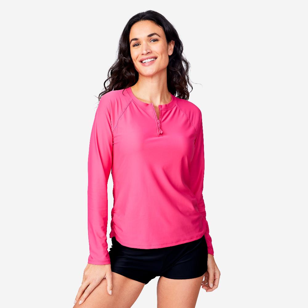 free country Women's Long Sleeve Zip Swim Shirt with Built-in Bra Coral