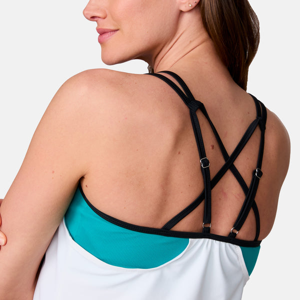 Free Country Women's Macrame Floral Side Tie Blouson Tankini Top White Macrame Floral