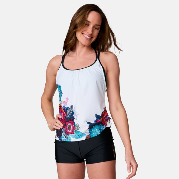 Free Country Women's Macrame Floral Side Tie Blouson Tankini Top White Macrame Floral