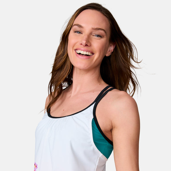 Free Country Women's Macrame Floral Side Tie Blouson Tankini Top White Macrame Floral