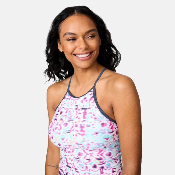 Free Country Women's Mirage High Neck Macrame Back Tankini Top Cerise Mirage